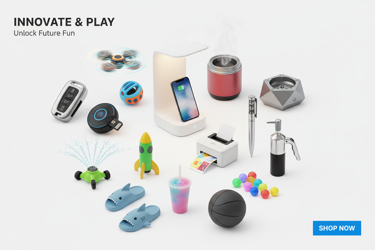 Charger Lamp
Compartment Car Key
Fidget Bouncer
Fingerprint Lock
Flying Spinner
Heated Portable Pot
Intelligent Ash Tray
Pinball Pen
Portable Printer
Rocket Sprinkler
Shark Slides
Silent Basketball
Slush Cup
Sticky Glow Balls
Wine Pump